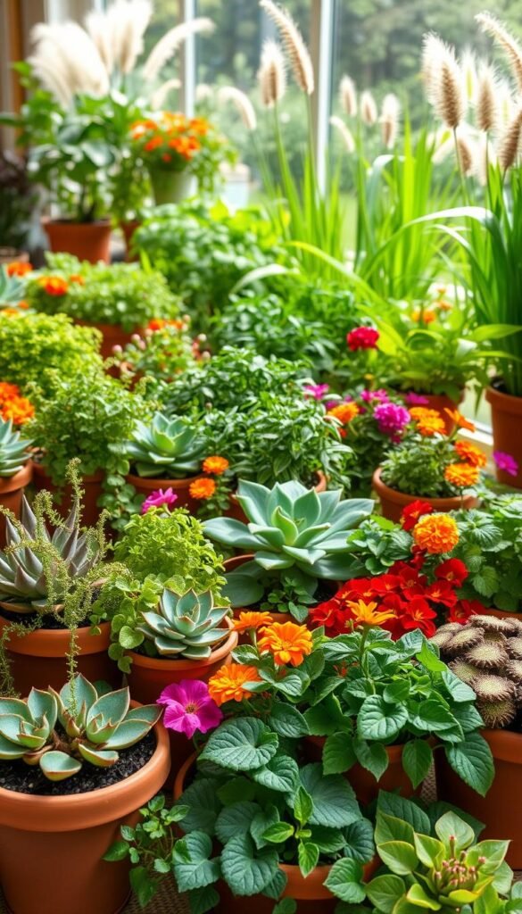 Seasonal planting strategies and varieties, a lush dish garden brimming with vibrant foliage and blooms. In the foreground, a mix of thriving houseplants in terracotta pots - succulents, ferns, and trailing vines. The middle ground showcases seasonal annuals like marigolds, petunias, and begonias, their colors complementing the greenery. In the background, a verdant backdrop of potted herbs and ornamental grasses, softly lit by natural daylight filtering through a large window. The overall scene exudes a sense of balance and tranquility, inspiring year-round gardening.