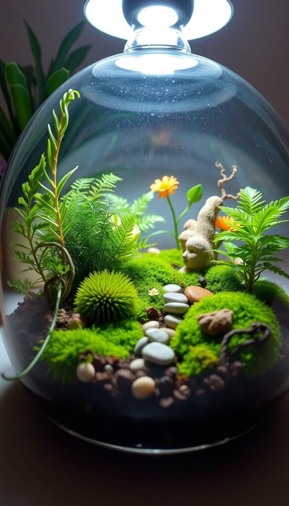 Seasonal terrarium care: a lush, vibrant miniature garden enclosed in a glass dome, showcasing the dynamic changes through the year. Foreground: thriving houseplants, moss, and ferns, meticulously tended to reflect the current season. Midground: a miniature landscape with delicate flowers, pebbles, and a small ceramic figurine. Background: soft, diffused lighting illuminates the scene, casting gentle shadows and creating an enchanting, whimsical atmosphere. The composition emphasizes the harmonious coexistence of nature and human artistry, captured through a wide-angle lens to accentuate the terrarium's captivating, self-contained world.