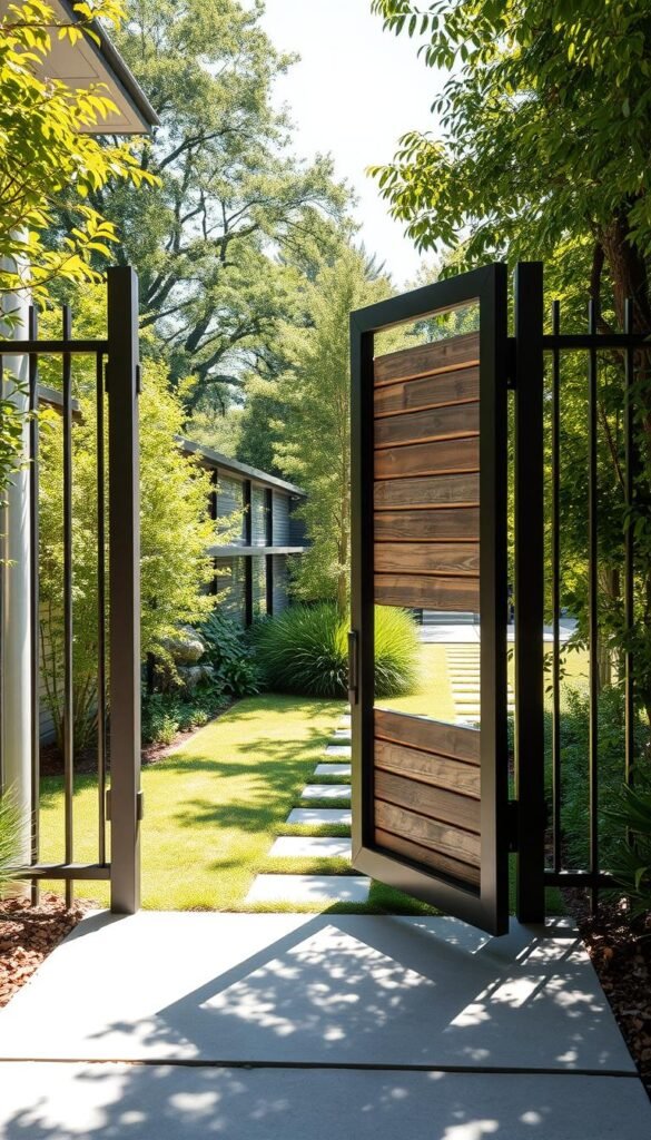Sleek and minimalist modern fence gate, framing an expansive garden landscape. The gate features clean lines, a mix of metal and wood materials, with a subtle industrial aesthetic. Sunlight filters through the gate's geometric design, casting intriguing shadows. The surrounding greenery provides a natural, harmonious backdrop, balancing the modern architectural elements. A sense of openness and inviting entry is conveyed, guiding the viewer into the lush, well-designed outdoor space beyond. Captured with a wide-angle lens to emphasize the gate's prominence and integration within the overall landscape composition.