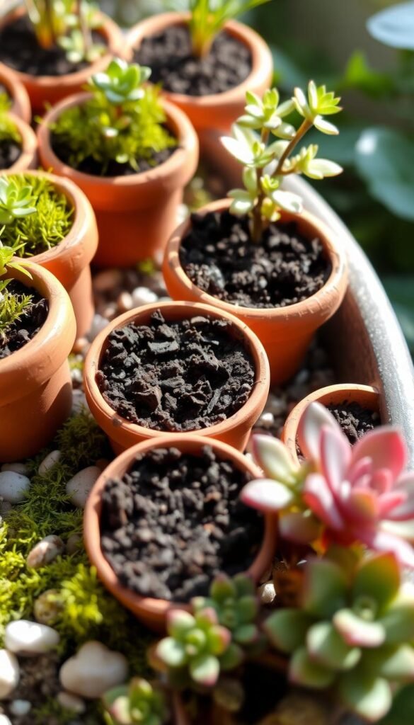 Soft, natural lighting illuminates an arrangement of miniature terracotta pots, filled with lush, dark soil and nestled amongst delicate moss and small pebbles. The pots are carefully selected, their sizes and shapes complementing each other, creating a harmonious display. In the foreground, a few tiny succulents and other miniature plants peek out, their vibrant colors and intricate textures adding depth and visual interest. The overall scene evokes a sense of tranquility and the joy of cultivating a small, enchanting garden in a limited space.