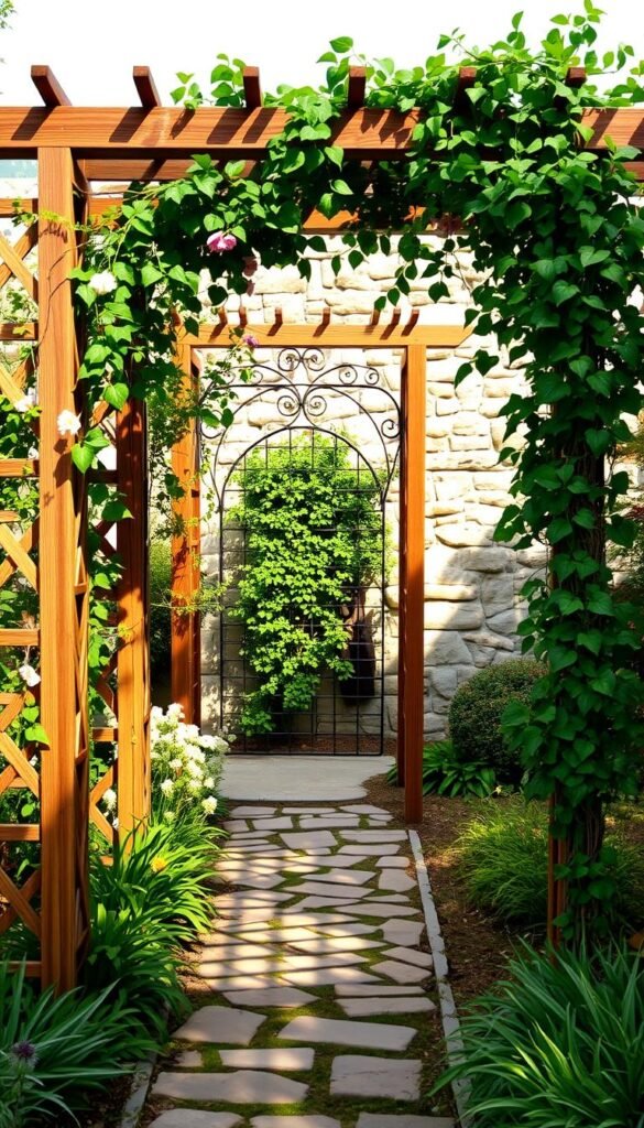 Versatile trellis designs for outdoor spaces, showcasing a variety of intricate lattice structures in warm, natural hues. The foreground features a rustic wooden trellis with flowing vines and blooming flowers, casting gentle shadows across a well-manicured garden path. In the middle ground, a decorative metal trellis supports a lush climbing plant, creating an inviting archway. The background presents a stunning stone wall backdrop, complemented by a harmonious palette of greens, browns, and hints of vibrant color. The scene is bathed in soft, diffused lighting, conveying a serene and inviting atmosphere for this garden trellis inspiration.