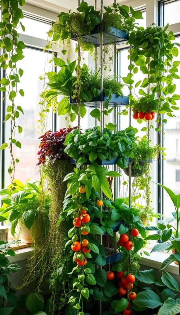 Vertical space edible plants: a lush, verdant indoor garden showcasing a variety of vibrant leafy greens, herbs, and compact vegetable varieties cascading down suspended shelves. Soft, natural lighting filters through large windows, casting a warm, ethereal glow on the thriving plants. Trailing vines, bushy kale, and compact tomato plants create a visually striking, bountiful composition, demonstrating how to maximize limited floor space with a vertical, space-saving layout. The overall scene evokes a sense of tranquility and abundance, inspiring ideas for incorporating creative, space-efficient edible planting techniques into residential or urban settings.