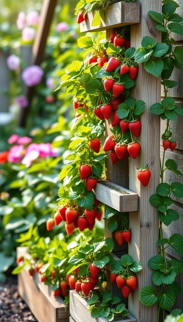 Vertical strawberry planters arranged in a picturesque garden setting. Lush green foliage and vibrant red strawberries cascade down the tiered wooden structures, creating a charming, cottage-style aesthetic. Soft, diffused natural lighting illuminates the scene, casting gentle shadows and highlighting the textures of the weathered wood and verdant plants. The planters are positioned against a backdrop of blooming flowers and leafy greenery, evoking a sense of tranquility and rural charm. The composition emphasizes the vertical elements, showcasing how these compact, space-saving planters can maximize small spaces while producing a bountiful strawberry harvest.