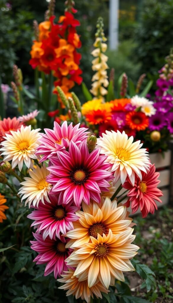 Vibrant cut flower garden arrangements, featuring a lush mix of dahlias and gladioli in a variety of bold colors. The foreground showcases a cluster of freshly cut blooms, their petals cascading elegantly. In the middle ground, the flowers are arranged in a rustic wooden crate, creating a charming, natural display. The background depicts a serene garden setting, with soft, diffused lighting illuminating the scene. The overall composition evokes a sense of tranquility and a celebration of the beauty of these captivating cut flowers.