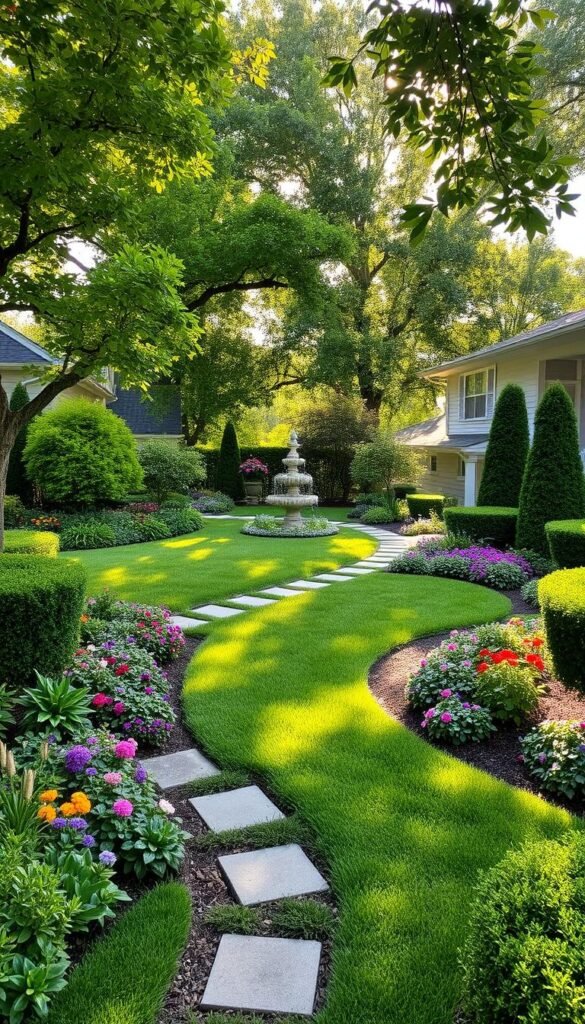 Vibrant front yard landscape with lush greenery, meandering pathways, and carefully curated flower beds. Soft morning light filters through the canopy of mature trees, casting warm shadows across the well-manicured lawn. A mix of perennials and annuals in a vibrant color palette dot the garden, drawing the eye towards a focal point water feature or statement sculpture. Neatly trimmed hedges frame the entrance, leading visitors towards an inviting porch or entryway. The overall atmosphere exudes a sense of harmony and intentional design, showcasing the homeowner's vision for a front yard that makes a lasting first impression.