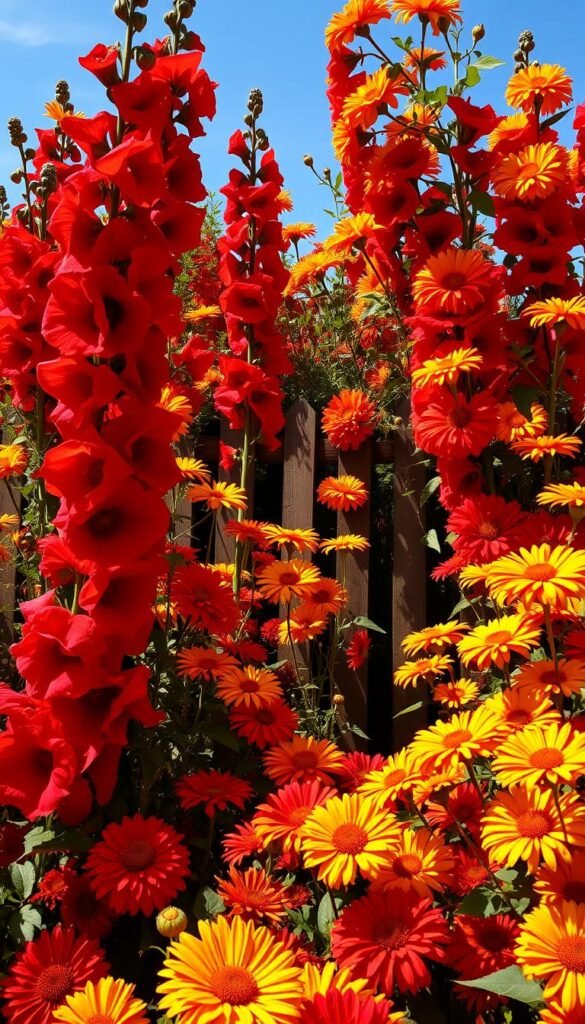 Vibrant garden bursting with lush, oversized blooms in a rainbow of hues. Towering hollyhocks, dahlias, and zinnias in deep crimson, vivid orange, and sunny yellow creating a dramatic, almost theatrical display. Sunlight dapples the petals, casting dramatic shadows that accentuate the bold, textured forms. The foreground is a profusion of color, with the middle ground revealing a glimpse of a rustic wooden fence and the distant background hinting at a serene blue sky. Composition is balanced, with a sense of depth and movement drawing the eye through the frame. Overall, a bold, immersive floral tableau that exudes an atmosphere of energy, passion, and the beauty of nature in full bloom.