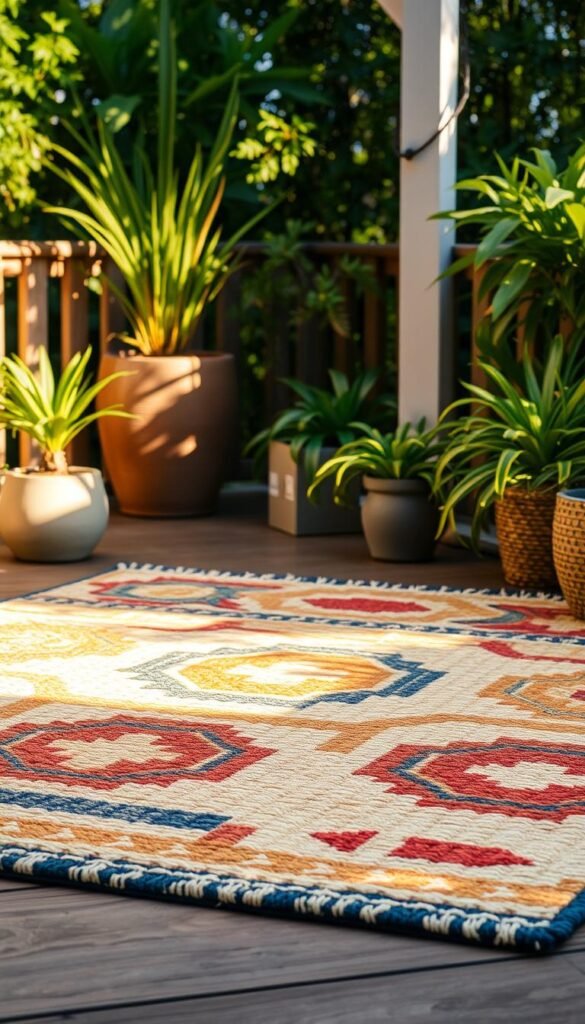 Vibrant outdoor rug with abstract geometric pattern, textural details, and earthy tones. Warm, natural lighting illuminates the handcrafted woven design, creating a cozy, inviting atmosphere. The rug is placed on a wooden deck or patio, surrounded by lush greenery and potted plants, blending seamlessly with the outdoor environment. Subtle shadows and depth provide a sense of dimension, highlighting the unique texture and artisanal quality of the rug. The overall composition conveys a DIY, personalized aesthetic that elevates the outdoor living space.