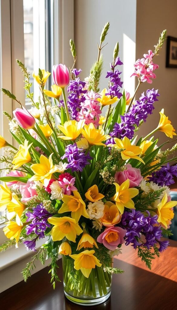 Vibrant spring floral arrangements overflowing with lush greenery, delicate blooms, and radiant colors. A captivating centerpiece showcasing a harmonious mix of tulips, daffodils, and hyacinths in shades of yellow, pink, and purple. Sunlight streams through the window, casting a warm, natural glow on the fresh, fragrant display. The arrangement is carefully composed, with a balanced, asymmetrical design that draws the eye. Soft, airy textures contrast with the crisp, clean lines of the vase, creating a visually stunning and inviting spring tableau.