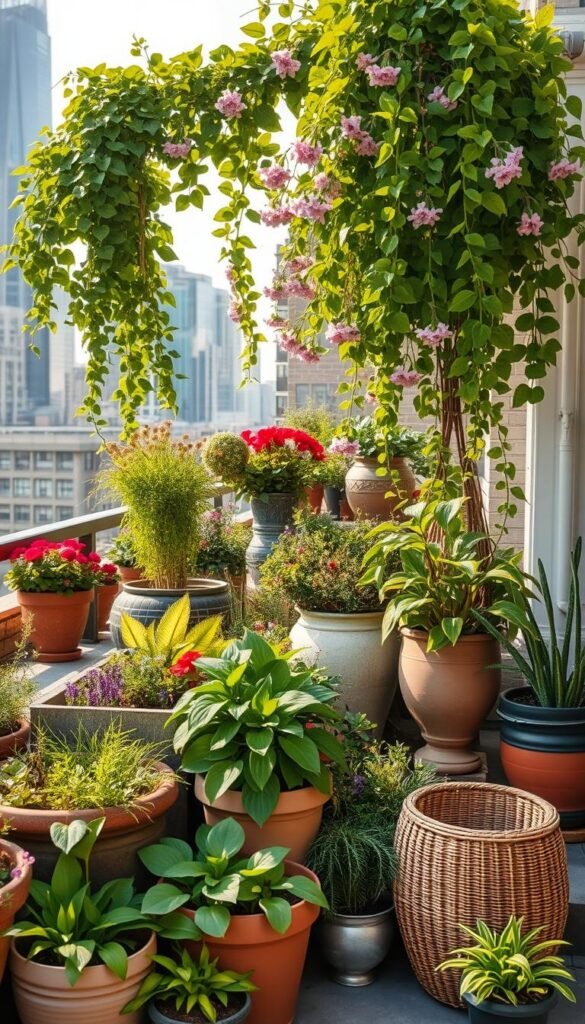 Vibrant urban garden on a rooftop terrace, with an assortment of lush potted plants and containers in various shapes and sizes. Cascading vines, blooming flowers, and verdant foliage create a verdant oasis amidst the city skyline. Warm, natural lighting filters through, casting soft shadows and highlighting the textures of the plants. A diverse mix of terracotta, concrete, and woven baskets provide visual interest and complement the organic elements. The scene radiates a sense of tranquility and fresh, green renewal, inviting the viewer to imagine the delights of cultivating an urban garden retreat.