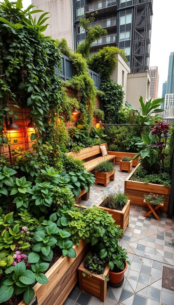 Vibrant urban rooftop garden with lush greenery, raised planter beds, and a mix of ornamental and edible plants. A central seating area with natural wood benches surrounded by abundant foliage, trailing vines, and floral accents. Warm, directional lighting casts a soft glow, accentuating the textures and colors. Wide-angle lens captures the spatial organization, with a focus on efficient layout and creative use of limited vertical space. The scene exudes a sense of tranquility and connection to nature, despite the city backdrop.