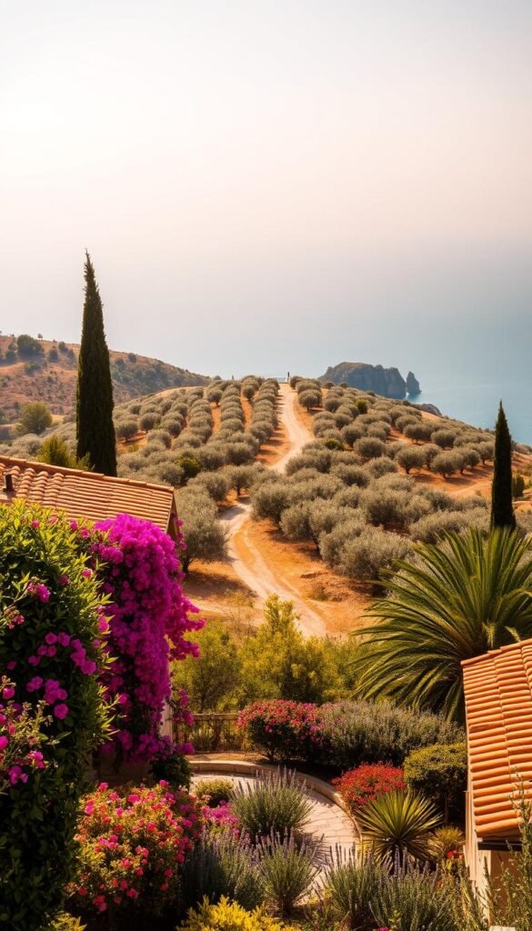 Warm Mediterranean landscape bathed in golden sunlight, with rolling hills, lush olive groves, and fragrant cypress trees. In the foreground, a quaint stone villa with terracotta roof tiles, surrounded by a vibrant, well-tended garden brimming with colorful bougainvillea, jasmine, and lavender. In the middle ground, a winding path leads through a serene olive orchard, the sun's rays filtering through the silvery leaves. Beyond, the deep blue of the Aegean Sea meets the horizon, with rugged cliffs and rocky outcroppings dotting the coastline. Soft, diffused lighting creates a hazy, dreamlike atmosphere, evoking the timeless beauty and tranquility of a classic Mediterranean landscape.