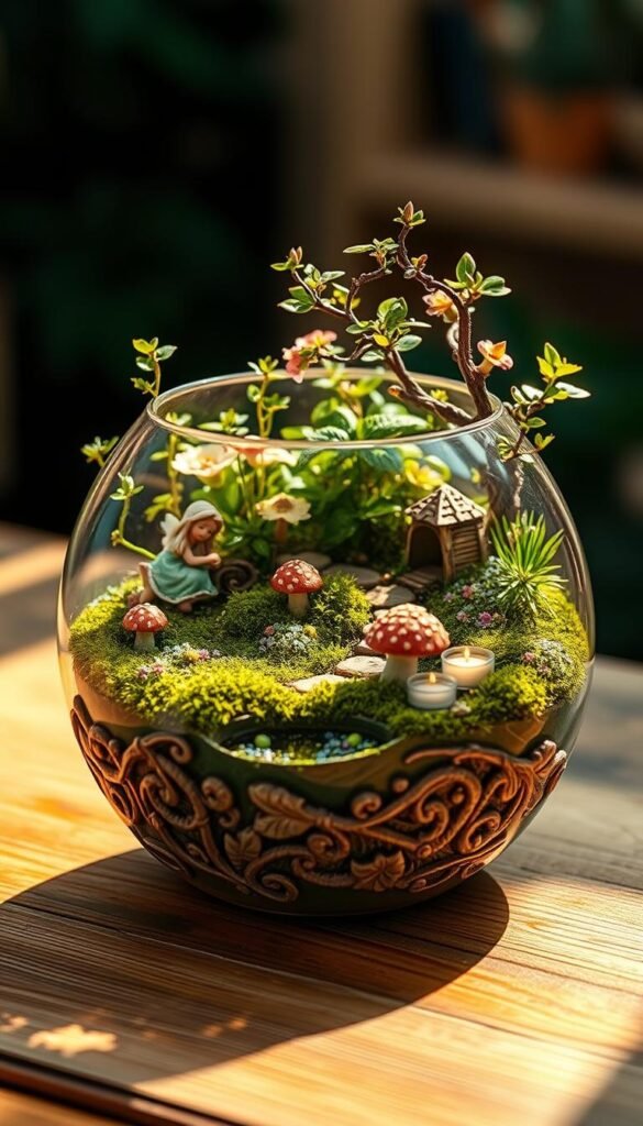 Whimsical fairy garden container, brimming with lush foliage and enchanting details. Sunlit terrarium with mossy grounds, delicate flowers, and diminutive mushrooms. Intricate ceramic pot, adorned with carved vines and pixie-sized features. Warm, golden lighting casts a magical glow, drawing the viewer into this miniature realm. Elegant glass vessel filled with vibrant greenery, quaint pathways, and a charming fairy statue. Enchanting miniature scene, inviting exploration and imagination. Shallow ceramic bowl, housing a serene water feature and floating candles. Captivating fairy garden tableau, captured in soft focus with a dreamy, ethereal quality.