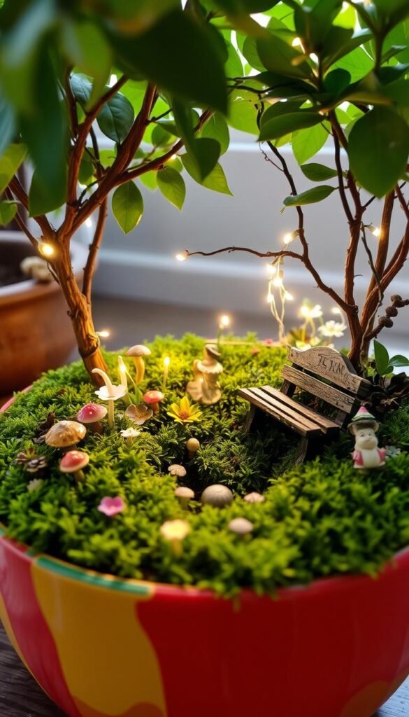 Whimsical fairy garden in a vibrant, upcycled planter. Lush, mossy ground with delicate flowers, mushrooms, and miniature garden figurines. Sparkling fairy lights illuminate the scene, casting a warm, magical glow. A weathered wooden bench sits amid the flora, inviting exploration. Soft, diffused lighting filters through the canopy of verdant leaves overhead. Fanciful, nature-inspired details create an enchanting, immersive atmosphere. Narrow depth of field focuses attention on the intricate fairy-themed decor.