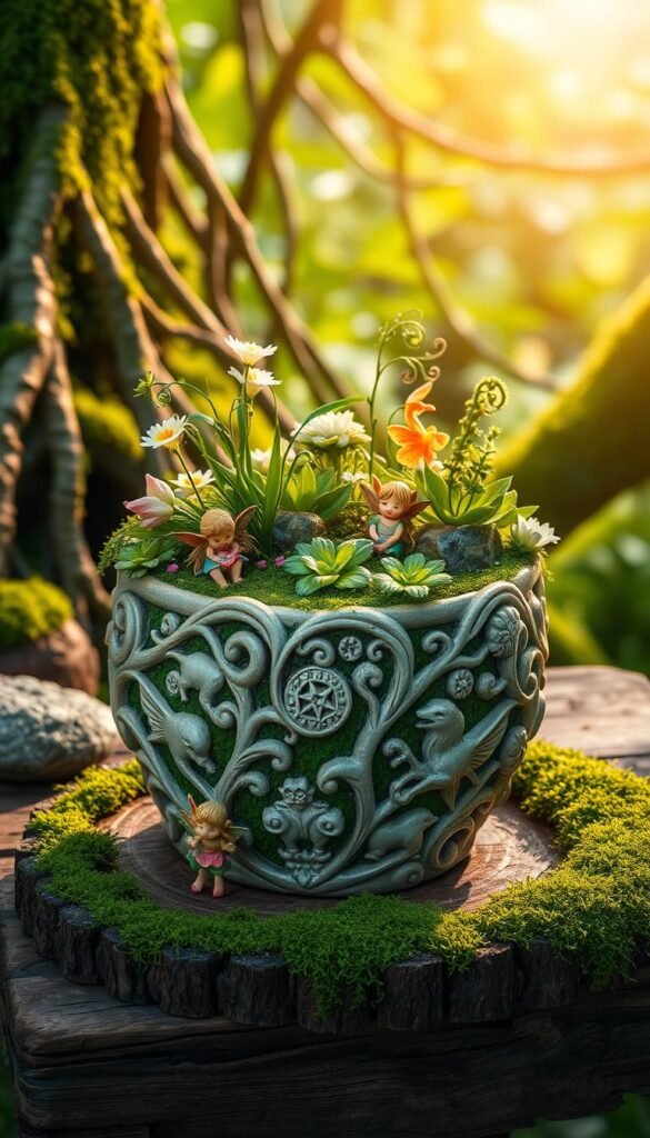 a beautifully ornate ceramic fairy garden container, filled with vibrant green foliage, delicate flowers, and tiny whimsical fairy figurines. The container has an intricate carved design featuring enchanting woodland creatures and mystical symbols. Soft, warm lighting illuminates the scene, casting a magical glow and creating a sense of wonder. The container is placed on a rustic wooden table, surrounded by a lush, verdant background with hints of moss-covered stones and gnarled tree roots. The overall composition evokes a sense of enchantment, inviting the viewer to step into a captivating fairy realm.