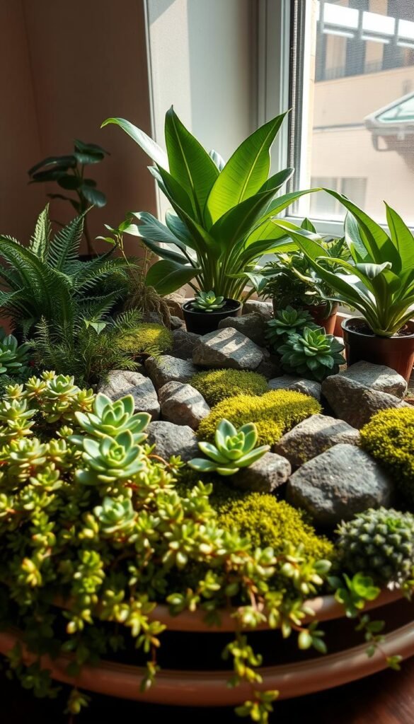a detailed indoor dish garden composition with lush greenery, mossy rocks, and various potted plants arranged in a balanced, visually appealing layout. the scene is bathed in warm, natural lighting from a large window, casting soft shadows and highlights across the different textures. the foreground features a variety of succulents and ferns spilling over the edges of a shallow ceramic dish. the middle ground showcases larger leafy plants, such as philodendrons and snake plants, nestled amongst smooth river rocks and cushions of emerald moss. the background has a simple, minimalist backdrop, allowing the vibrant foliage to take center stage. the overall mood is one of serenity, tranquility, and a sense of nature indoors.