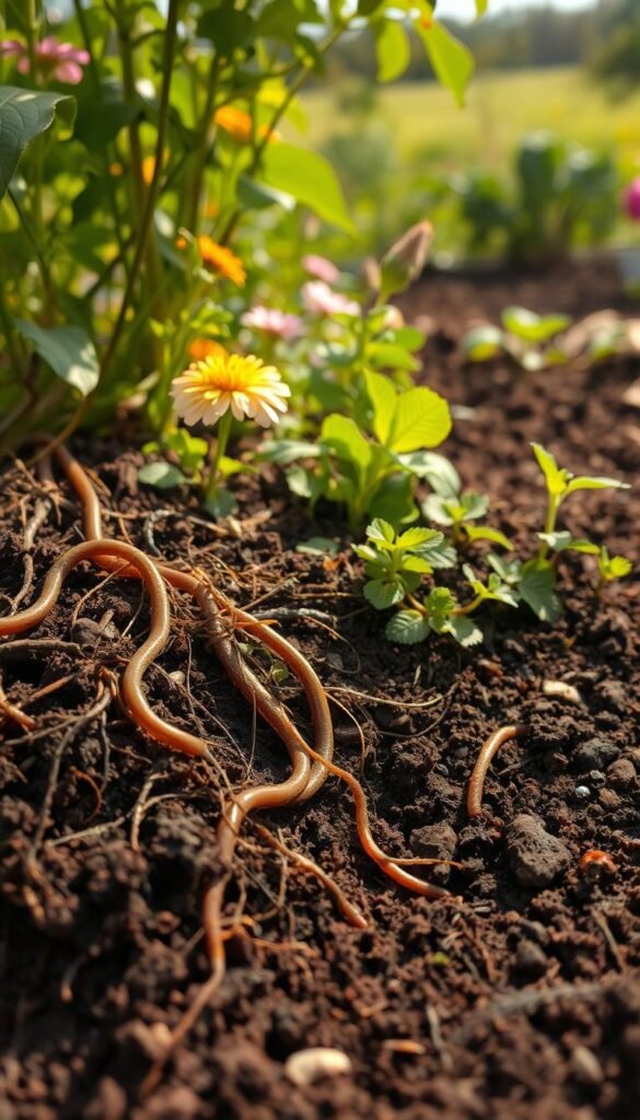 a detailed, macro view of a thriving garden soil ecosystem, showcasing its diverse and interconnected components. In the foreground, a rich, dark brown soil base is visible, teeming with earthworms, insects, and other microorganisms. Trailing roots and decomposing organic matter add texture and depth. The middle ground features a mix of lush, verdant plants, including vibrant flowers, leafy greens, and healthy, fibrous roots that anchor the soil. Dappled sunlight filters through the canopy, creating a warm, natural atmosphere. In the background, a blurred, out-of-focus landscape suggests a healthy, thriving garden. The overall scene conveys the essential balance and harmony of a flourishing, nutrient-rich soil ecosystem.