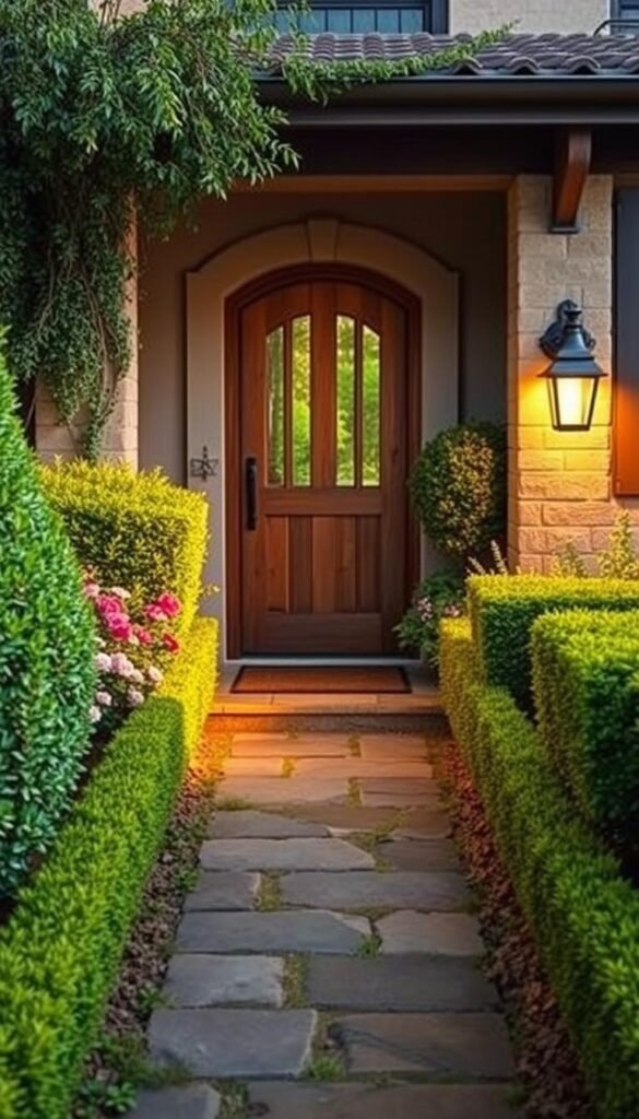 a detailed, serene, and inviting front garden entrance design with a stone pathway leading to a charming wooden gate, flanked by lush greenery such as neatly trimmed hedges and colorful flowering plants. The entrance is bathed in warm, natural lighting, creating a cozy and welcoming atmosphere. The image should be captured from a slightly elevated perspective, showcasing the depth and symmetry of the design. The overall composition should convey a sense of balance, tranquility, and curb appeal, reflecting the "Designing Your Dream Front Garden Entrance" section of the article.