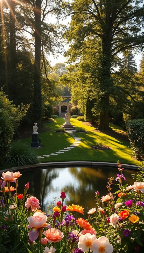 a lush, verdant garden with a serene pond, surrounded by a variety of vibrant flowers, tall leafy trees, and a winding stone path leading to a secluded seating area. The scene is bathed in warm, golden sunlight, creating a dreamy, inviting atmosphere. In the foreground, a mix of colorful blooms like peonies, irises, and roses cascade over the edge of the pond, their petals gently swaying in a soft breeze. The middle ground features a well-manicured lawn dotted with strategically placed garden sculptures and ornaments. In the background, the silhouettes of the towering trees create a natural frame, filtering the light and casting playful shadows across the landscape. The overall composition conveys a sense of tranquility, inviting the viewer to immerse themselves in the peaceful vision of an idealized garden.