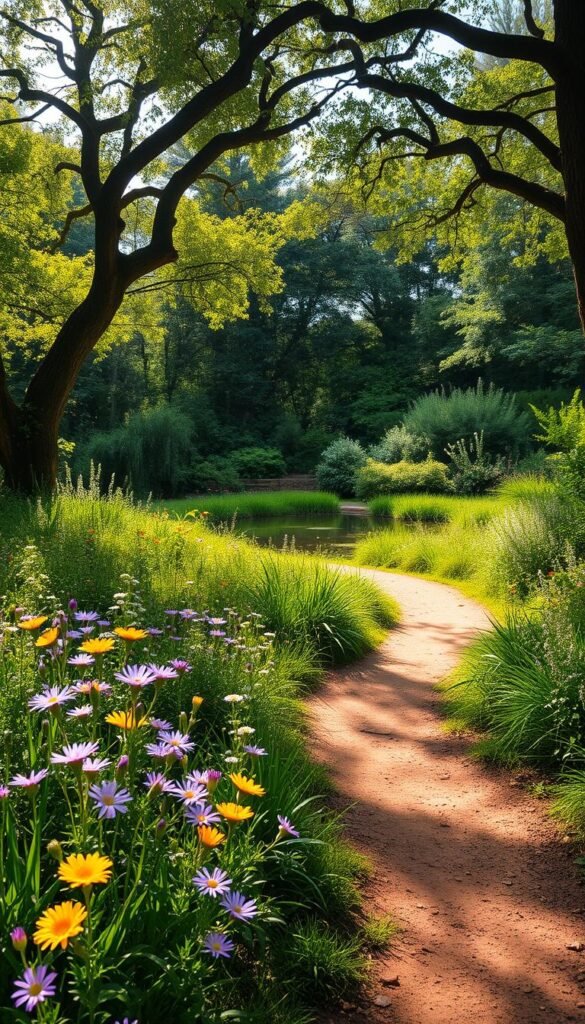 a lush, verdant woodland path winding through a serene garden, sunlight filtering through the canopy of mature trees, casting a warm, ethereal glow on the scene. in the foreground, a meandering dirt trail is flanked by vibrant wildflowers in hues of purple, yellow, and white, their petals dancing in a gentle breeze. the middle ground features a tranquil pond, its still waters reflecting the surrounding foliage. in the background, dense trees and shrubs create a sense of privacy and enclosure, inviting the viewer to immerse themselves in the natural beauty of this idyllic setting. the overall mood is one of peaceful contemplation, with a lens that captures the harmony between the cultivated and the wild.