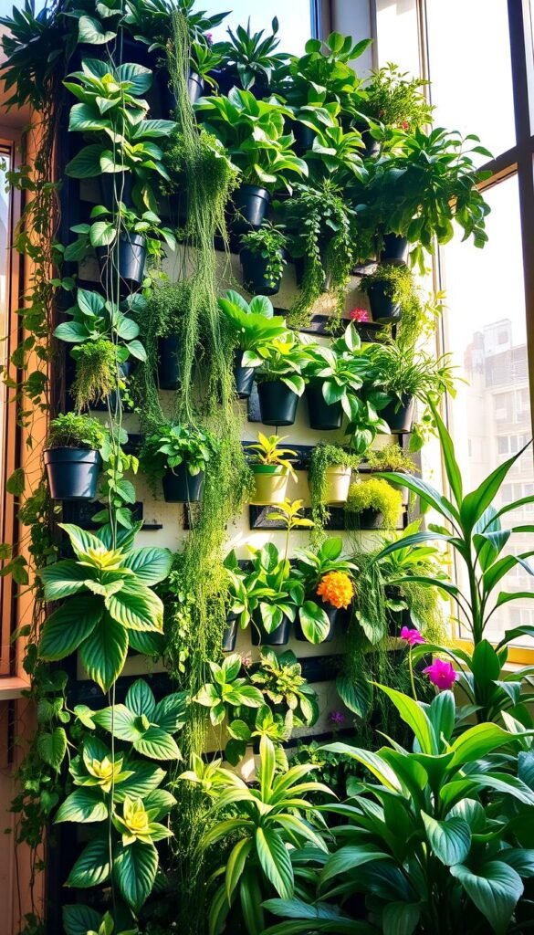 a lush, vertical garden wall featuring an array of thriving plants in a variety of shapes, sizes, and colors, arranged in a visually striking and harmonious composition. The wall is illuminated by warm, natural light filtering through large windows, casting a serene and inviting ambiance. The plants, which include trailing vines, leafy foliage, and vibrant flowers, are meticulously placed to create a sense of depth and dimension, with the foreground elements drawing the viewer's eye inward. The middle ground showcases a mix of potted plants and wall-mounted planters, while the background features a clean, minimalist design that allows the greenery to take center stage. The overall scene exudes a sense of tranquility and a connection with nature, perfectly capturing the essence of a creative garden wall display.