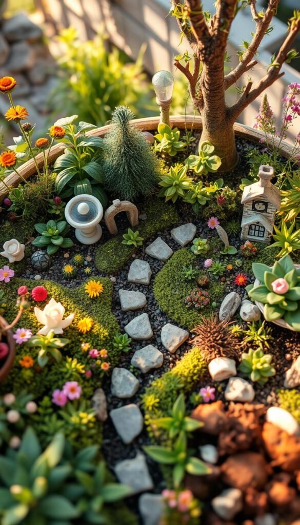 a whimsical fairy garden with detailed planning, overhead view of a lush, miniature landscape with carefully arranged plants, flowers, and small decorative elements like a winding path, birdbath, and stepping stones, warm afternoon lighting filters through the foliage, tilt-shift lens effect creates a sense of scale, tranquil, enchanting atmosphere ideal for a relaxing day of planning and designing a personal fairy oasis