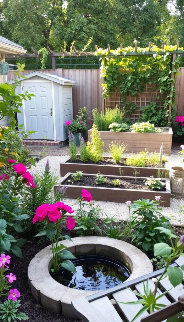 A backyard oasis on a budget, with a well-designed layout showcasing lush greenery, inviting seating, and thoughtful use of space. In the foreground, a simple wooden bench nestled amidst vibrant flowering plants and a small water feature, bathed in soft, natural lighting. The middle ground features a neatly organized raised garden bed, brimming with a variety of herbs and vegetables. In the background, a compact storage shed and a privacy-enhancing trellis, covered in climbing vines, create a sense of seclusion. The overall atmosphere is one of tranquility and practical functionality, capturing the essence of making the most of a small backyard space.