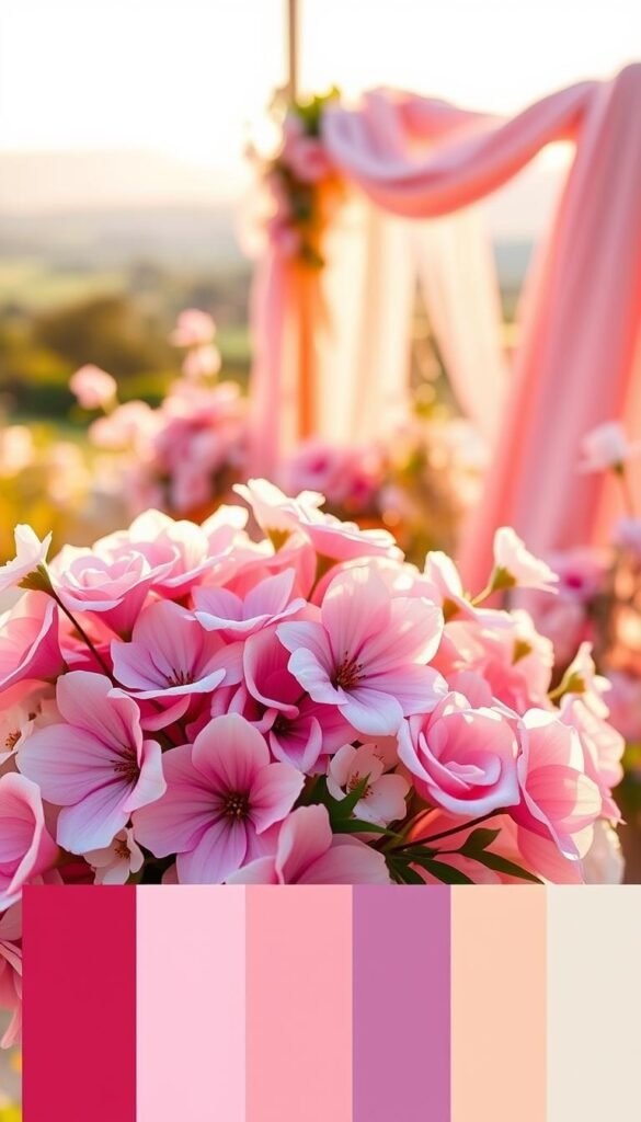A beautifully arranged palette of vibrant wedding colors, showcasing a harmonious blend of hues that inspire a sense of joy and romance. In the foreground, a captivating arrangement of fresh flowers, their petals unfurling in a symphony of pastel pinks, soft lavenders, and delicate whites, bathed in warm, golden sunlight. In the middle ground, a selection of elegant fabrics and textiles in complementary shades, textured and draped to create a visually striking display. In the background, a subtly blurred, ethereal landscape, suggesting the serene and enchanting atmosphere of a flower garden wedding. The overall composition evokes a sense of timeless elegance and natural beauty, perfectly capturing the essence of a wedding color palette inspiration.