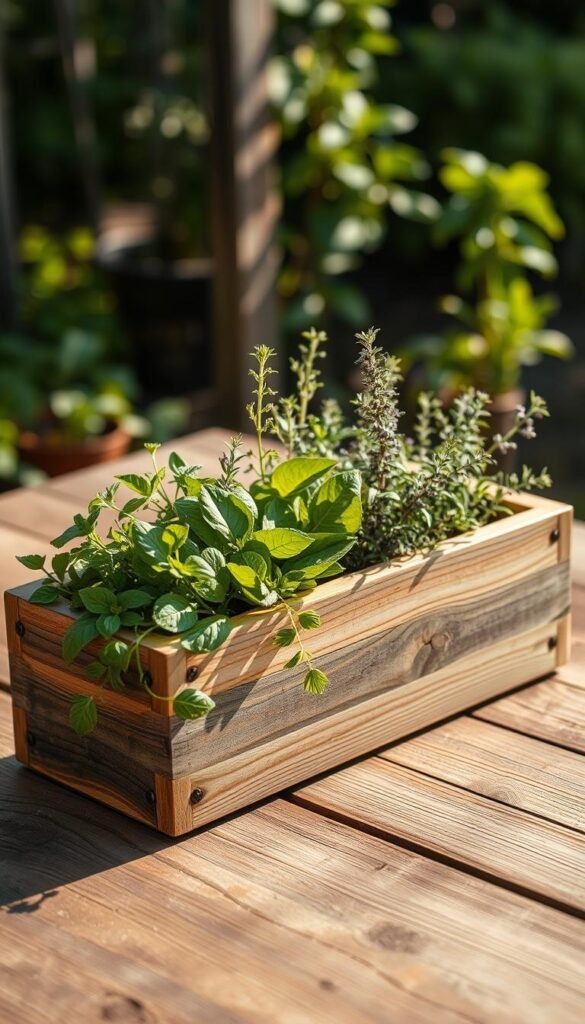 A beautifully crafted herb garden planter on a rustic wooden table, bathed in warm afternoon sunlight. The planter is a classic rectangular shape, made of weathered cedar wood with a distressed finish. It's filled with a lush assortment of fragrant herbs - lush green basil, vibrant rosemary, and delicate thyme. The herbs are arranged in a visually appealing layout, spilling over the planter's edges. In the background, a blurred garden scene with verdant foliage sets the tranquil mood. The composition is balanced, with the planter placed slightly off-center to create visual interest. The lighting is soft and diffused, casting gentle shadows and highlighting the textures of the wood and the vibrant greens of the herbs.