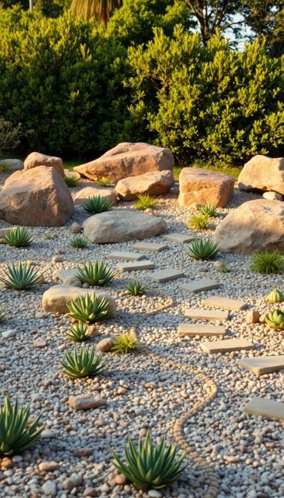 A beautifully curated rock garden design, featuring an elegant layout with strategically placed boulders, pebbles, and a meandering path. The foreground showcases a variety of low-growing succulents and drought-tolerant plants, creating a textural tapestry. In the middle ground, larger rocks are arranged in a harmonious composition, casting soft shadows that add depth and dimension. The background features a lush, verdant backdrop of shrubs and trees, providing a natural frame for the tranquil scene. Warm, diffused lighting casts a serene glow, evoking a sense of calm and relaxation. The overall design strikes a perfect balance between structure and organic fluidity, embodying the essence of low-maintenance elegance.