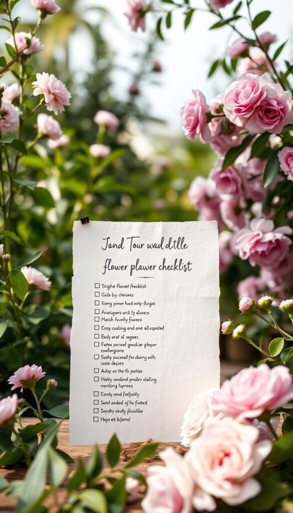 A beautifully designed DIY wedding flower planning checklist, handwritten in elegant cursive on a cream-colored textured paper. The checklist is positioned in the center of the frame, with soft, natural lighting illuminating the page. The background features a lush, verdant garden backdrop, with blooming flowers in shades of pink, purple, and white creating a romantic, rustic atmosphere. The composition is balanced, with the checklist taking up the majority of the frame, and the garden elements providing a dreamy, ethereal setting. The overall mood is one of thoughtful planning, creativity, and the beauty of nature.