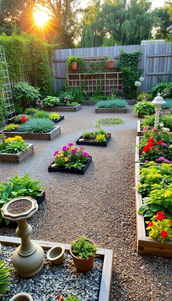 A beautifully designed backyard garden layout, featuring neatly organized raised garden beds filled with lush greenery and vibrant flowers. The beds are arranged in a symmetrical pattern, with gravel pathways winding between them. In the foreground, there are decorative garden elements like a birdbath, ceramic pots, and a small fountain. The middle ground showcases a variety of flowering plants, including colorful annuals and perennials. In the background, a wooden fence or trellis provides a natural backdrop, with the setting sun casting a warm, golden glow across the entire scene. The overall atmosphere is one of tranquility, order, and a celebration of nature's beauty.