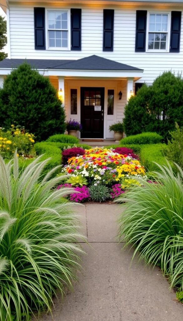A beautifully designed foundation planting framing the entrance to a charming two-story home. The lush, well-balanced arrangement features a variety of vibrant, complementary foliage and blooms - from the soft, feathery grasses in the foreground to the clusters of colorful perennials in the middle ground, all set against a backdrop of evergreen shrubs. Warm, directional lighting from the side illuminates the planting's natural textures and colors, creating a welcoming, inviting atmosphere. The overall composition flows gracefully, drawing the eye from the path to the front door, enhancing the home's curb appeal and highlighting its architectural features.