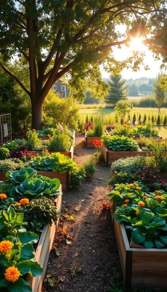 A beautifully designed raised garden bed layout, with a lush and vibrant assortment of vegetables, herbs, and flowers arranged in a harmonious and visually striking pattern. The beds are constructed with natural wood, creating a warm and organic aesthetic. Sunlight filters through the canopy of surrounding trees, casting a soft, golden glow over the scene. In the foreground, a well-tended path winds through the beds, inviting the viewer to explore the abundance of life and color. The middle ground features a variety of shapes and textures, from the broad leaves of kale to the delicate blooms of marigolds. In the background, a backdrop of verdant foliage and the distant horizon completes the serene and productive backyard setting.