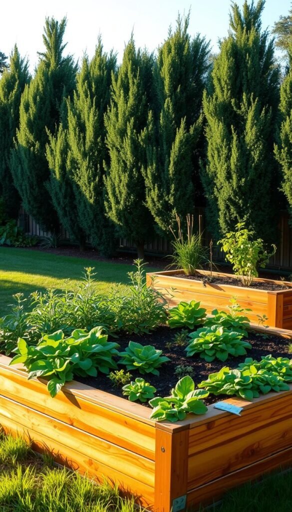 A beautifully designed raised garden bed sits in a serene backyard, its wooden planks gleaming in the warm afternoon sunlight. The bed is filled with lush, verdant plants arranged in a visually pleasing layout, creating a harmonious and inviting scene. In the background, a row of mature trees provides a natural backdrop, casting soft shadows across the raised bed. The overall composition conveys a sense of tranquility and a connection to the natural world, reflecting the beauty and functionality of a well-crafted backyard raised garden.