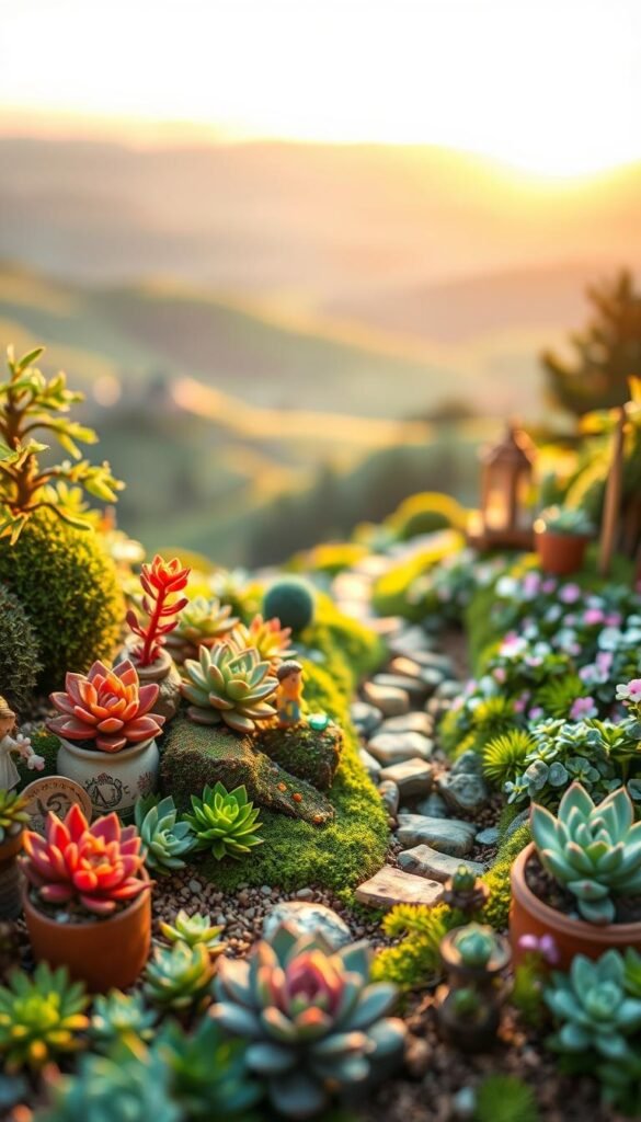 A beautifully detailed miniature landscape, showcasing a meticulously planned fairy garden. In the foreground, an arrangement of vibrant succulents in whimsical pots and small figurines, creating a sense of enchantment. The middle ground features a winding path leading through lush greenery, with delicate flowers and a tiny bridge over a babbling brook. In the background, rolling hills and a distant horizon, bathed in warm, golden light from a setting sun. The scene is captured with a shallow depth of field, drawing the viewer's eye to the intricate details and creating a dreamlike, serene atmosphere.
