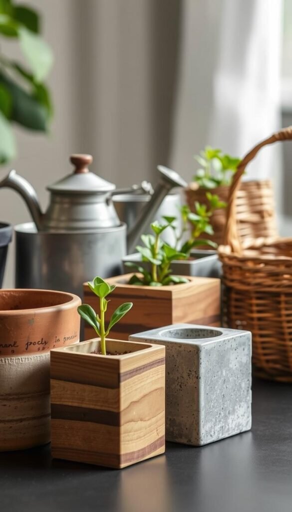 A beautifully lit, high-resolution still life composition featuring an assortment of small garden containers in various materials. In the foreground, a ceramic pot, a wooden planter, and a modern concrete cube stand side by side, their textures and tones creating a visually harmonious arrangement. In the middle ground, a vintage metal watering can and a woven basket add visual interest and a sense of depth. The background blurs softly, allowing the containers to take center stage and inviting the viewer to closely examine their unique properties and suitability for a mini flower garden project.