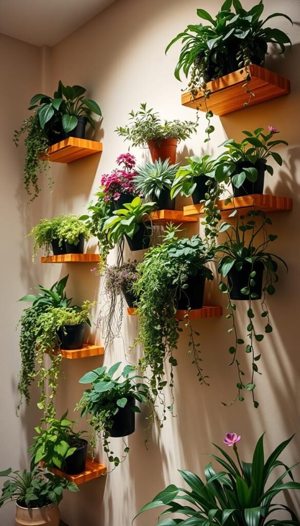 A beautifully lit, meticulously designed vertical garden display with a variety of lush, thriving potted plants cascading down custom-built wooden shelves. The containers feature a mix of leafy greens, trailing vines, and colorful flowering plants, all arranged in a harmonious, visually striking composition. Warm, directional lighting casts gentle shadows, accentuating the textures and details of the plants. The background is a serene, minimalist setting, allowing the vertical garden to be the focal point. The overall scene conveys a sense of urban garden oasis, showcasing the potential of container gardening to maximize limited space.