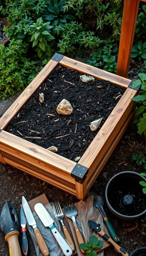 A beautifully lit overhead view of a rustic raised garden bed, its frame constructed from weathered cedar planks. The bed is filled with a variety of organic materials, including dark compost, bark mulch, and natural stone accents. In the foreground, a collection of gardening tools and materials are neatly arranged, highlighting the construction process. The background features a lush, verdant garden setting, with the bed positioned as the focal point. The lighting is soft and warm, creating a inviting atmosphere that showcases the cost-effective and practical nature of this edible garden design.