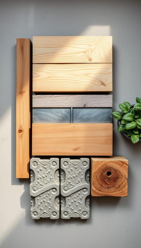 A beautifully lit overhead view of an assortment of materials commonly used for raised garden beds, including natural wood planks, composite boards, metal galvanized steel, and porous stone pavers. The materials are arranged neatly on a neutral background, showcasing their textures, colors, and finish. Soft, indirect lighting highlights the details and shadows, creating a clean, informative composition that conveys the high-quality, durable nature of these garden bed building materials.