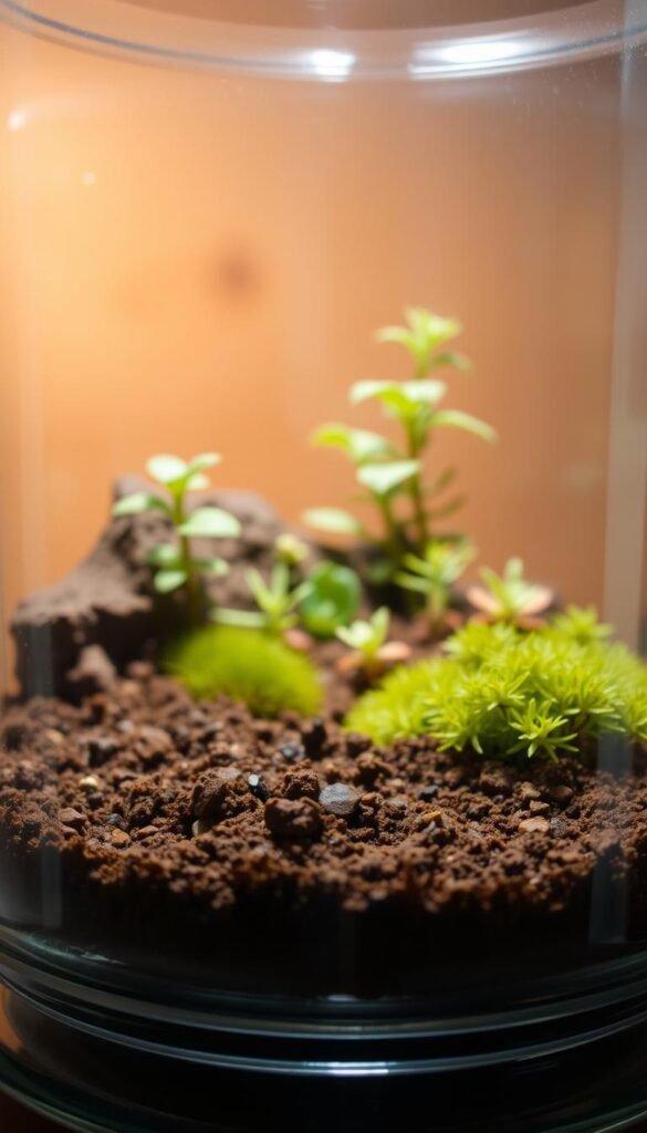 A beautifully-lit terrarium setup, capturing the delicate balance of soil, light, and temperature essential for a thriving fairy garden. In the foreground, a transparent glass container showcases rich, loamy soil, lightly dampened and aerated. Soft, diffused lighting from above illuminates the scene, casting gentle shadows that enhance the textural details. In the middle ground, an array of small, verdant plants - mosses, ferns, and succulents - are artfully arranged, their leaves gently swaying. In the background, a subtle gradient of warm, earthy tones creates an inviting, nature-inspired ambiance, as if glimpsing a secluded, miniature oasis. The overall composition conveys a sense of harmony, where every element works in concert to foster the perfect microcosm for a thriving fairy garden.