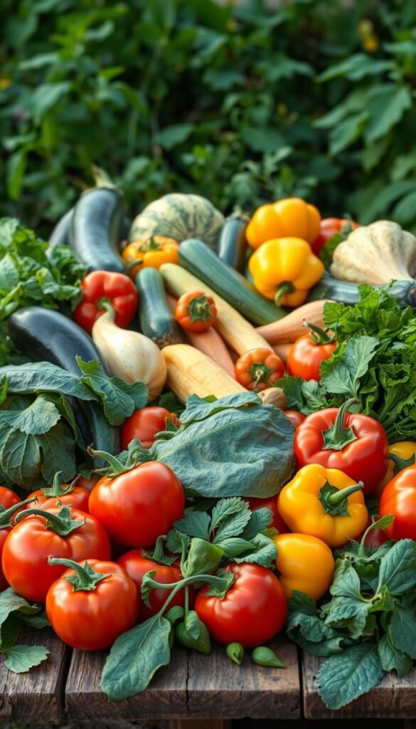 A bountiful arrangement of freshly harvested, high-yield vegetables sprawled across a rustic wooden table. In the foreground, plump tomatoes, vibrant peppers, and crisp leafy greens, their colors popping under soft, natural lighting. In the middle ground, a variety of squash, zucchini, and eggplants, their textured skins glistening. The background features a lush, verdant garden backdrop, hinting at the abundance of the harvest. The scene exudes a sense of abundance, nourishment, and the pride of a successful small-scale vegetable garden.