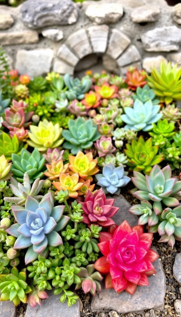 A bountiful collection of vibrant succulent varieties artfully arranged in a miniature fairy garden setting. In the foreground, delicate rosettes of Echeveria, Jade, and Sempervivum plants cascade over a weathered stone path. The middle ground features an array of compact Aeonium, Crassula, and Graptopetalum specimens, their leaves glistening under soft, natural lighting. In the background, a small stone wall frames the scene, setting the stage for a whimsical, stress-free oasis perfect for a fairy's delight. The overall composition evokes a sense of harmony and tranquility, showcasing the ideal succulents for a thriving miniature garden.