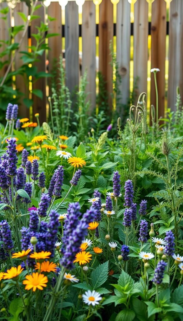 A bountiful medicinal herb garden overflowing with lush, fast-growing varieties. In the foreground, an assortment of thriving plants - fragrant lavender, vibrant calendula, and soothing chamomile - arranged in an artful, natural-looking display. The middle ground showcases a variety of green leafy herbs like mint, rosemary, and oregano, their stems reaching up towards the sun. In the background, a rustic wooden fence frames the scene, adding warmth and texture. The lighting is soft and diffused, casting a gentle glow over the scene, evoking a sense of tranquility and abundance. The entire composition is shot from a slightly elevated angle, allowing the viewer to fully appreciate the diverse, high-yield medicinal herb garden.