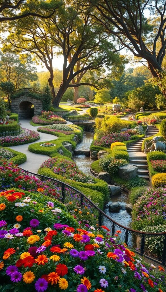 A breathtaking landscape of lush gardens, winding paths, and whimsical features. In the foreground, a meticulously designed flowerbed bursts with vibrant blooms in a kaleidoscope of colors. Meandering through the middle ground, a meandering creek babbles softly, its banks lined with verdant foliage and strategically placed boulders. In the background, a canopy of mature trees casts dappled sunlight, creating a serene and inviting atmosphere. The scene is illuminated by warm, golden hues, capturing the essence of a tranquil and harmonious outdoor oasis. A wide-angle lens captures the full scope of this captivating garden, showcasing the harmonious blend of natural and carefully curated elements.