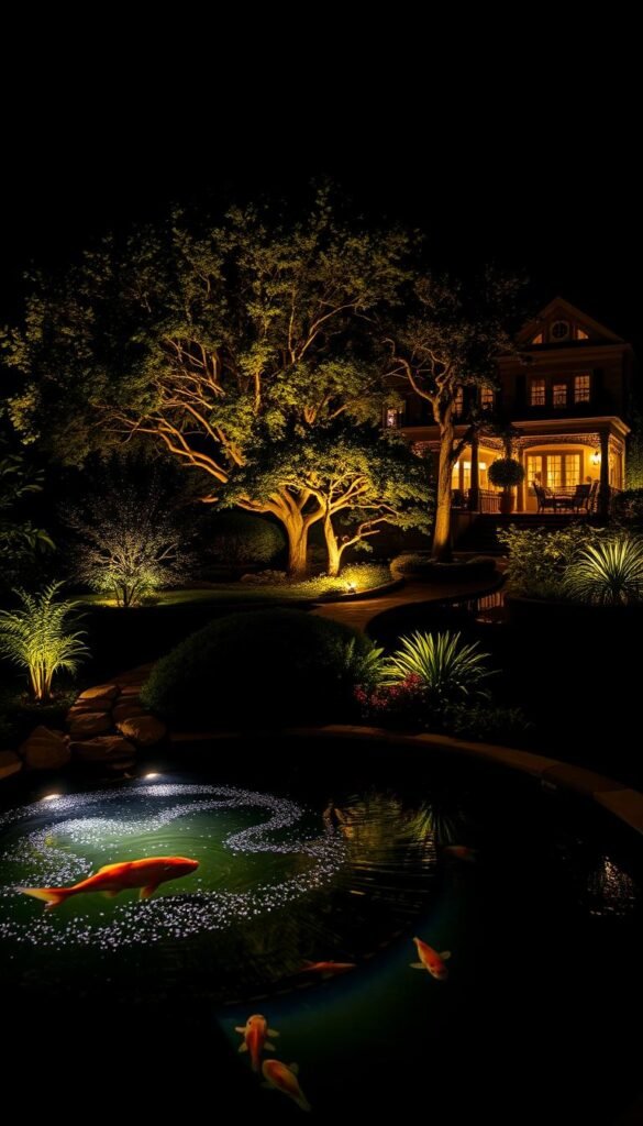 A breathtaking nightscape showcasing an enchanting garden oasis, illuminated by a masterful display of advanced landscape lighting. The foreground features a serene koi pond, its surface dancing with shimmering reflections from strategically placed underwater lights. Lush foliage and sculptural trees in the middle ground are accentuated by a warm, dramatic uplighting, casting intricate shadows and creating an atmosphere of tranquility. In the background, a grand manor house is subtly highlighted, its architecture and windows aglow with a combination of soft, directional spotlights and warm ambient lighting, guiding the viewer's gaze. The overall scene is imbued with a sense of elegance and sophistication, inviting the viewer to immerse themselves in this captivating night garden.
