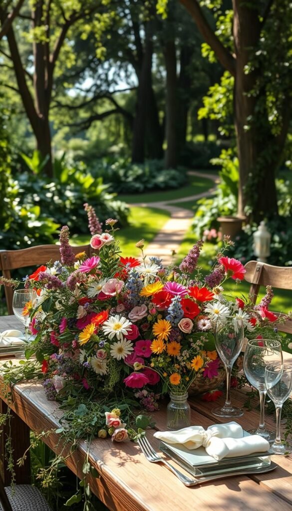 A breezy, sun-dappled garden party tablescape, overflowing with lush blooms and delicate botanicals. In the foreground, a rustic wooden table is adorned with an abundance of colorful wildflowers, their petals softly catching the warm light. Delicate china, gleaming silverware, and handcrafted linen napkins add an elegant touch, while mismatched vintage glassware lends a charming, eclectic vibe. Trailing vines and fragrant herbs cascade from the table's edge, creating a natural, organic feel. In the middle ground, a verdant garden backdrop frames the scene, with tall trees casting dappled shadows and a glimpse of a winding path leading deeper into the verdant oasis. Soft, diffused lighting filters through the leaves, imbuing the whole setting with a serene, summery ambiance.