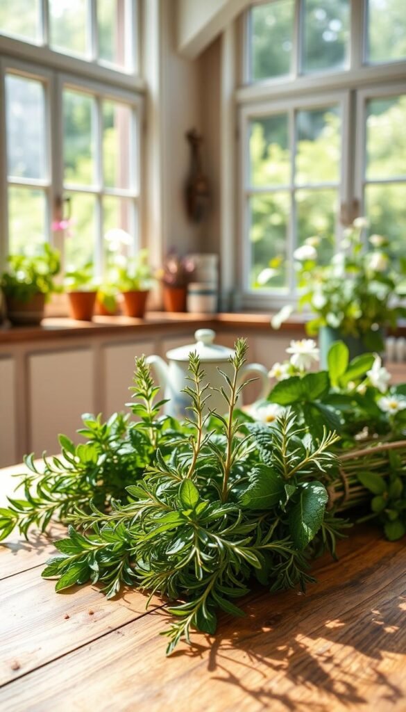 A bright, airy kitchen with large windows overlooking a lush herb garden. In the foreground, a wooden table is covered with freshly harvested sprigs of fragrant rosemary, mint, and chamomile, their vibrant colors and delicate textures inviting touch. Soft, natural light filters in, casting gentle shadows and highlighting the glistening dew on the leaves. In the middle ground, a vintage enamel teapot and handcrafted ceramic mugs await, ready to steep the just-picked herbs into a soothing, aromatic tea. The background reveals the verdant garden outside, its abundance of medicinal plants swaying gently in the breeze, ready to be carefully tended and harvested.