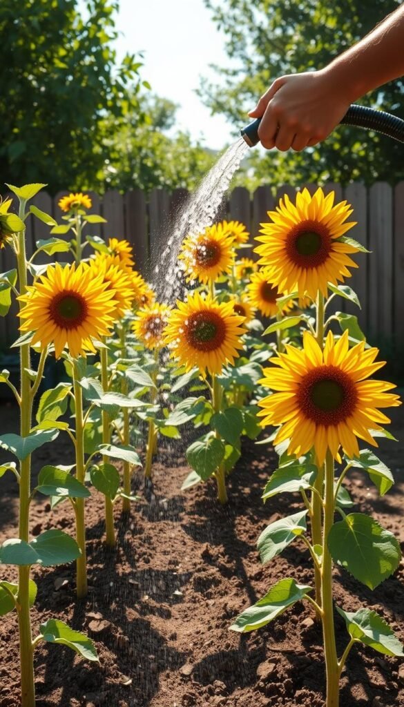 A bright, sunlit backyard scene with a gardener carefully watering a row of vibrant sunflowers. The sunflowers stand tall, their golden petals glistening in the warm afternoon light. In the foreground, the gardener's hands gently guide a hose, the water cascading over the soil around the flower stems. The middle ground features the sunflowers in various stages of growth, creating a lush, layered composition. In the background, a wooden fence and verdant foliage provide a natural backdrop, enhancing the serene, tranquil atmosphere. The lighting is soft and directional, casting long shadows and accentuating the textures of the sunflowers and soil. The overall mood is one of peaceful, attentive care and the promise of a bountiful, thriving sunflower garden.
