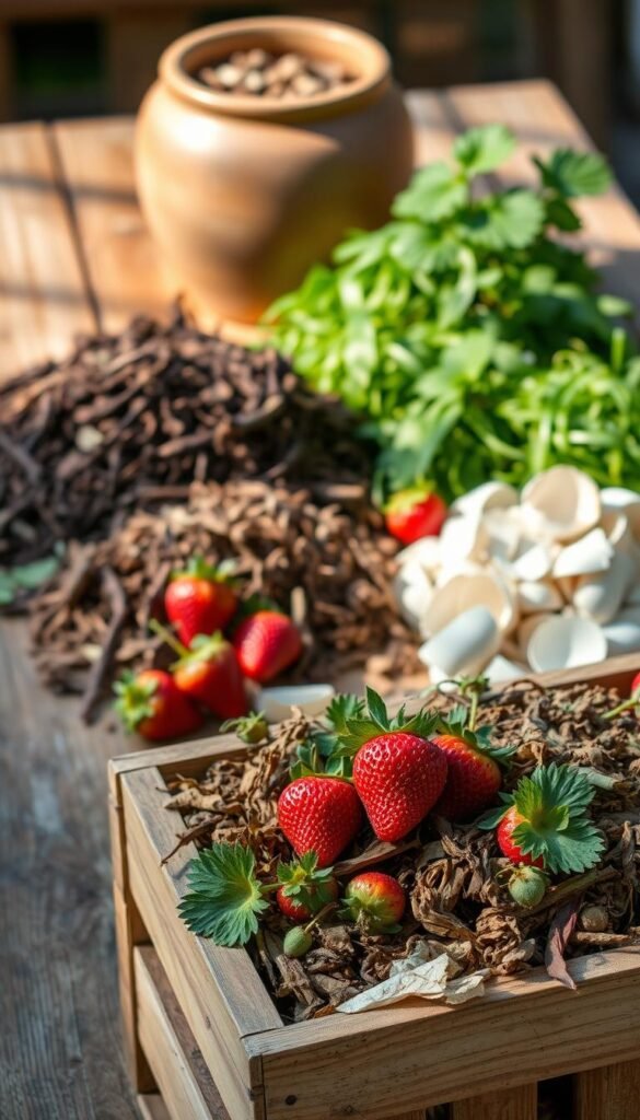 A carefully curated arrangement of different compost types, showcasing the diversity of organic matter suitable for nourishing strawberry plants. In the foreground, a wooden crate displays a vibrant mixture of decomposed leaves, vegetable scraps, and shredded paper, emitting an earthy aroma. In the middle ground, a large ceramic pot contains a blend of aged manure and peat moss, while a small heap of grass clippings and eggshells stands nearby, highlighting the varied nutrient sources. The background features a rustic wooden table, upon which a few ripe strawberries rest, hinting at the bountiful harvest to come. Soft, natural lighting casts gentle shadows, creating a serene, inviting atmosphere that celebrates the beauty and benefits of organic composting for thriving strawberry gardens.