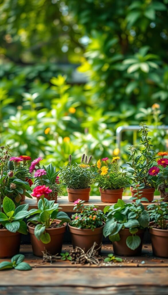 A carefully curated selection of medicinal herbs against a soft, natural backdrop. In the foreground, an array of potted plants - lush green leaves, vibrant flowers, and earthy textures. In the middle ground, a wooden table showcases various herb specimens, neatly arranged with care. The background features a serene garden setting, with sunlight filtering through verdant foliage, creating a warm, inviting atmosphere. The lighting is soft and diffused, highlighting the herbs' delicate details. The overall composition conveys a sense of botanical expertise, guiding the viewer through the process of choosing the right medicinal herbs for a flourishing garden.
